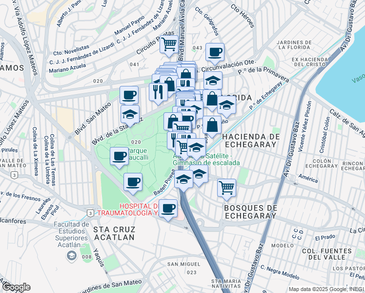 map of restaurants, bars, coffee shops, grocery stores, and more near Periférico Boulevard Manuel Ávila Camacho in Naucalpan de Juárez
