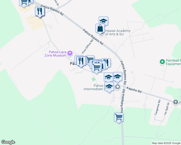 map of restaurants, bars, coffee shops, grocery stores, and more near 15-2898 Pahoa Village Road in Pāhoa