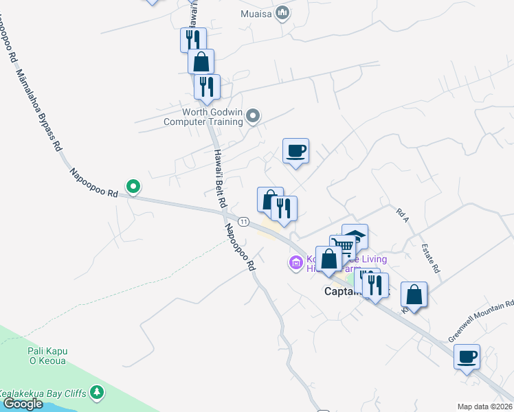 map of restaurants, bars, coffee shops, grocery stores, and more near 81-6264 Mamalahoa Highway in Kealakekua