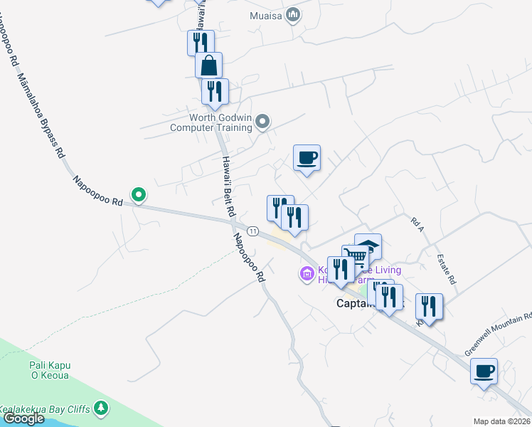 map of restaurants, bars, coffee shops, grocery stores, and more near 81-6264 Mamalahoa Highway in Kealakekua