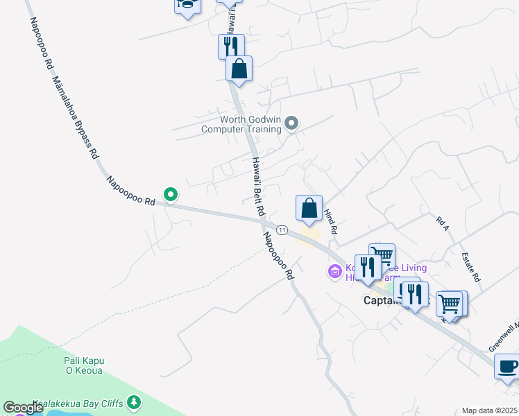 map of restaurants, bars, coffee shops, grocery stores, and more near Mamalahoa Highway in Kealakekua