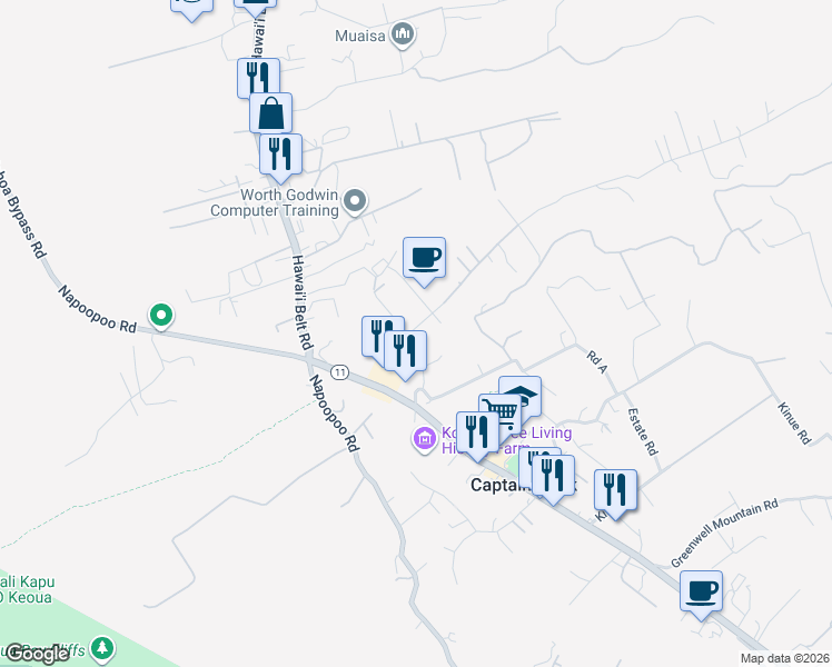 map of restaurants, bars, coffee shops, grocery stores, and more near 81-1054 Haku Nui Road in Captain Cook