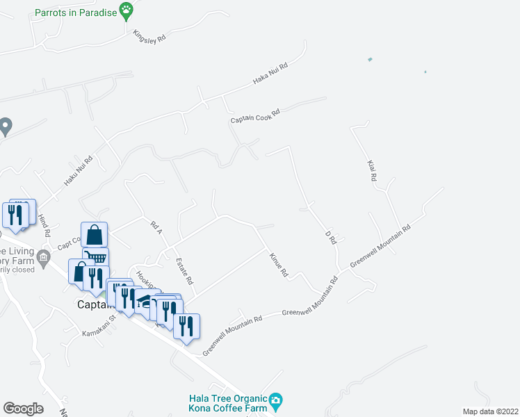 map of restaurants, bars, coffee shops, grocery stores, and more near 82-1161 Kinue Road in Captain Cook