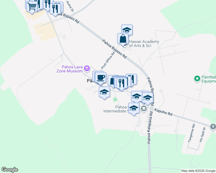 map of restaurants, bars, coffee shops, grocery stores, and more near 15-2898 Pahoa Village Road in Pāhoa