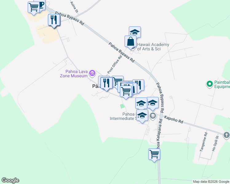 map of restaurants, bars, coffee shops, grocery stores, and more near 15-2898 Pahoa Village Road in Pāhoa