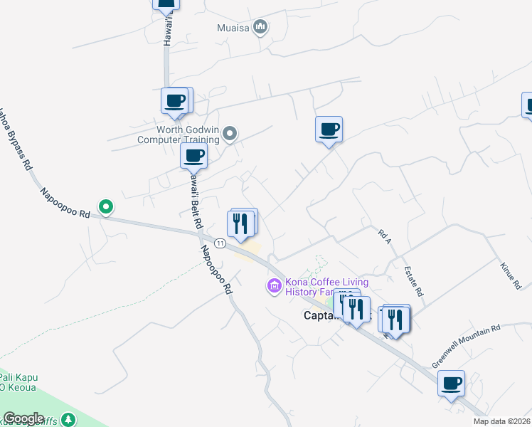 map of restaurants, bars, coffee shops, grocery stores, and more near 81-1054 Haku Nui Road in Captain Cook