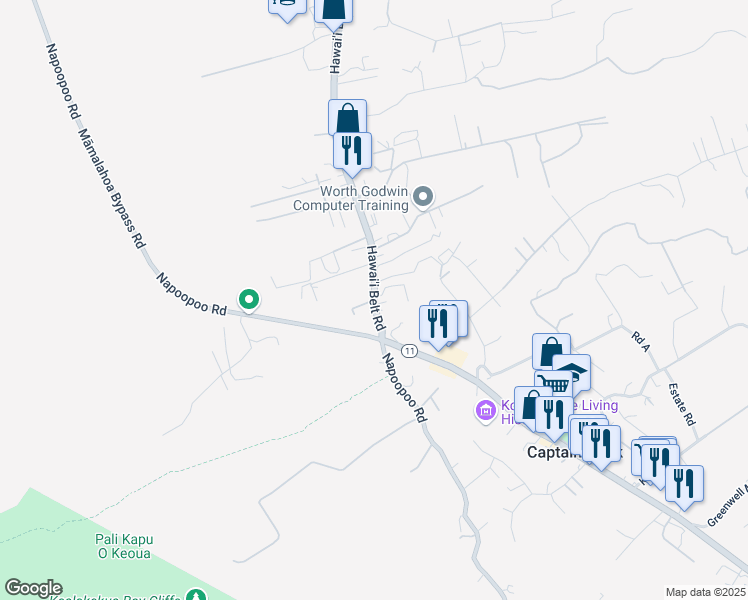 map of restaurants, bars, coffee shops, grocery stores, and more near 816316 Hawaii Belt Road in Captain Cook