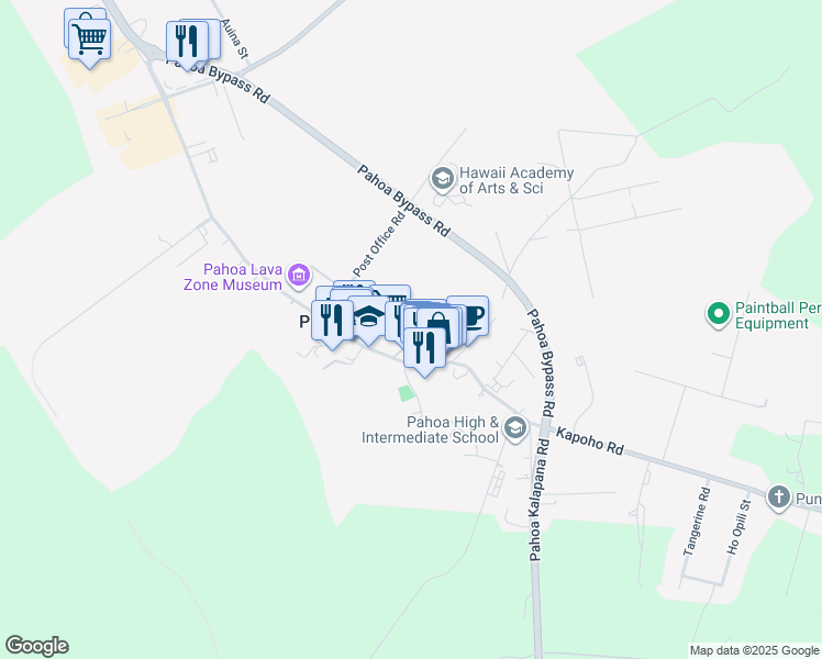 map of restaurants, bars, coffee shops, grocery stores, and more near 15-1800 Akeakamai Loop in Pāhoa
