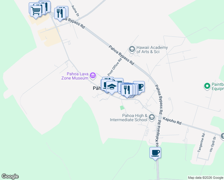 map of restaurants, bars, coffee shops, grocery stores, and more near 15-2877 Pahoa Village Road in Pāhoa