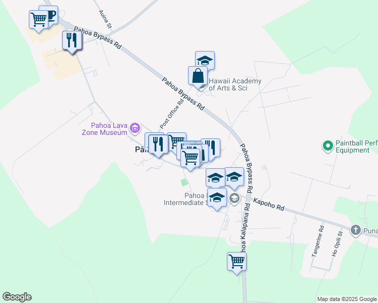 map of restaurants, bars, coffee shops, grocery stores, and more near 15-1800 Akeakamai Loop in Pāhoa