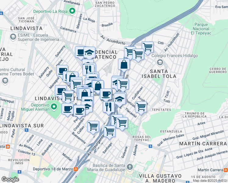 map of restaurants, bars, coffee shops, grocery stores, and more near Terminal in Ciudad de México