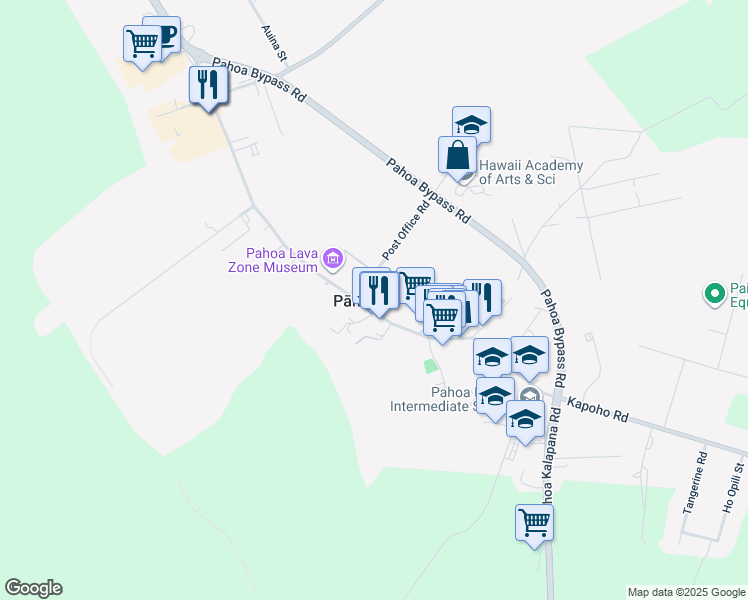 map of restaurants, bars, coffee shops, grocery stores, and more near 15-2861 Pahoa Village Road in Pāhoa