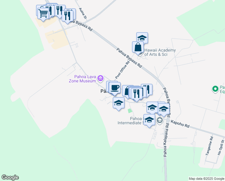 map of restaurants, bars, coffee shops, grocery stores, and more near 15-2861 Pahoa Village Road in Pāhoa