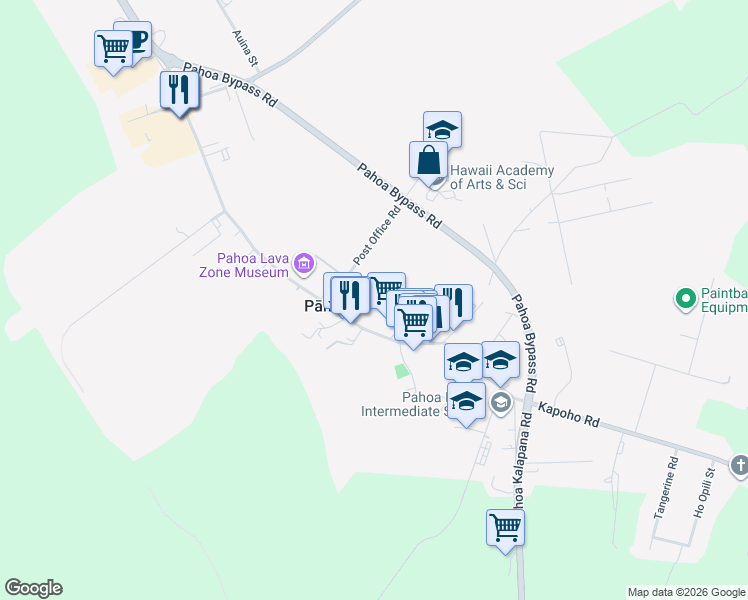 map of restaurants, bars, coffee shops, grocery stores, and more near 15-2877 Pahoa Village Road in Pāhoa