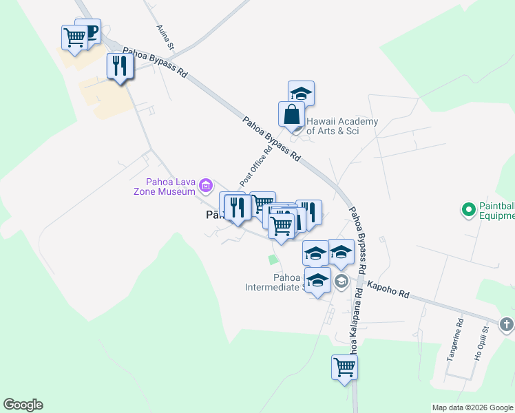 map of restaurants, bars, coffee shops, grocery stores, and more near 15-2877 Pahoa Village Road in Pāhoa