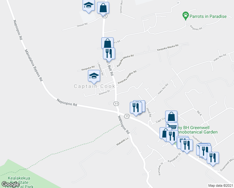 map of restaurants, bars, coffee shops, grocery stores, and more near 816316 Hawaii Belt Road in Captain Cook