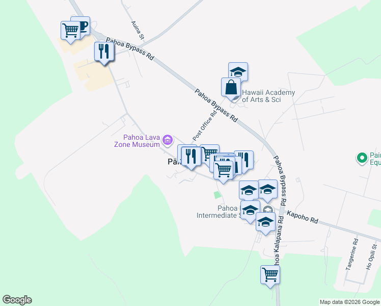 map of restaurants, bars, coffee shops, grocery stores, and more near 15-2861 Pahoa Village Road in Pāhoa
