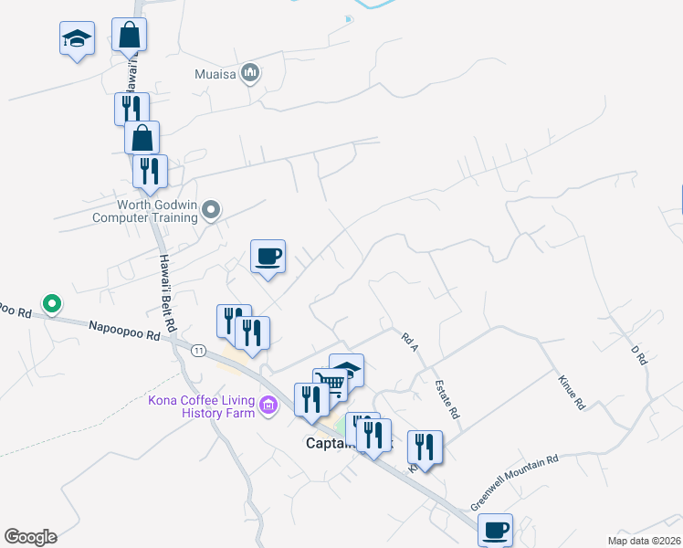 map of restaurants, bars, coffee shops, grocery stores, and more near 81-2026 Haku Nui Road in Captain Cook