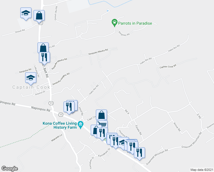 map of restaurants, bars, coffee shops, grocery stores, and more near 81-2026 Haku Nui Road in Captain Cook