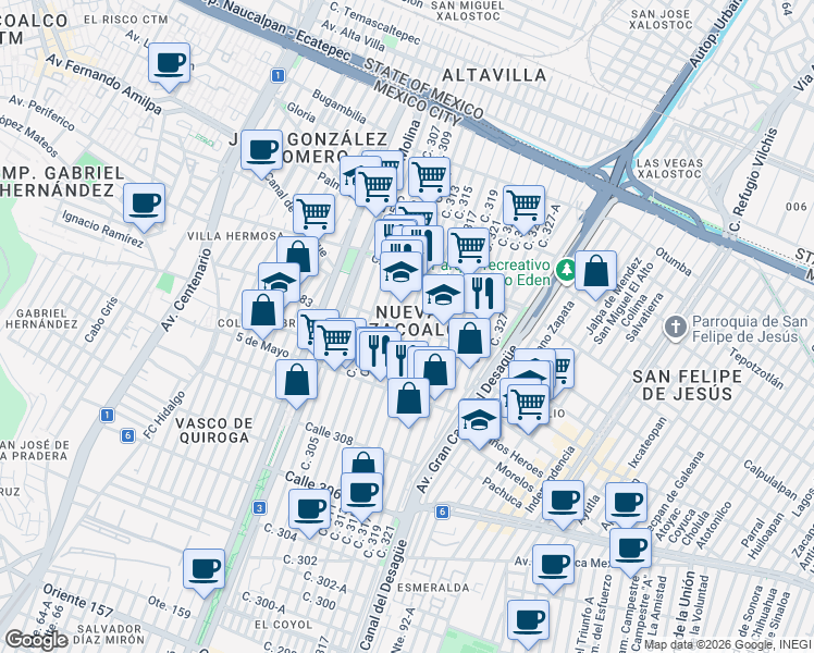 map of restaurants, bars, coffee shops, grocery stores, and more near Calle 313 in Ciudad de México