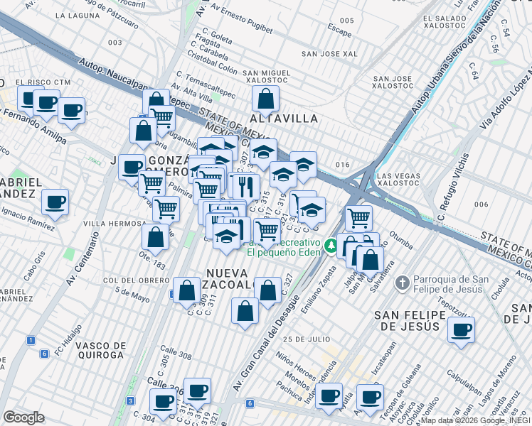 map of restaurants, bars, coffee shops, grocery stores, and more near 802 Calle 317 in Ciudad de México