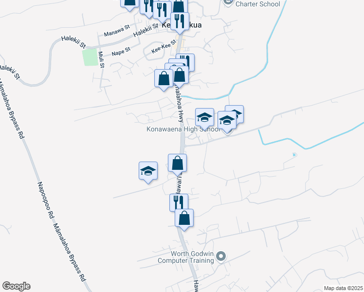 map of restaurants, bars, coffee shops, grocery stores, and more near Hawaii Belt Rd & Konawaena School Rd in Kealakekua