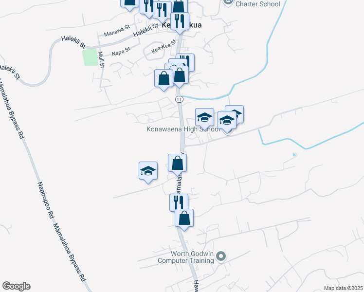map of restaurants, bars, coffee shops, grocery stores, and more near Hawaii Belt Rd & Konawaena School Rd in Kealakekua