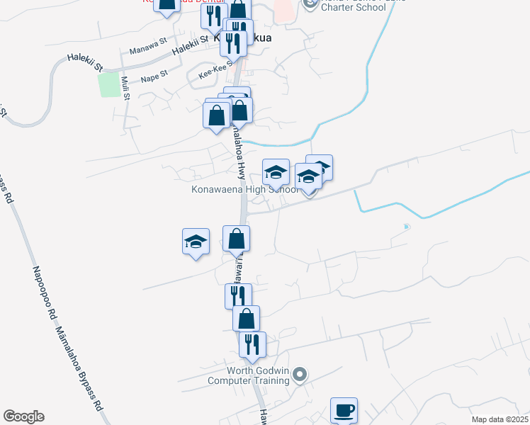 map of restaurants, bars, coffee shops, grocery stores, and more near 81 Konawaena School Road in Kealakekua