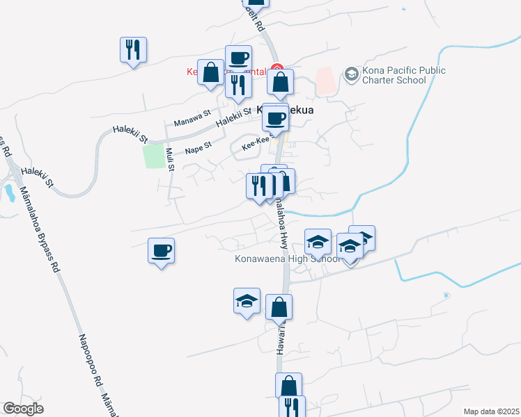 map of restaurants, bars, coffee shops, grocery stores, and more near 81-6597A Hawaii Belt Road in Kealakekua