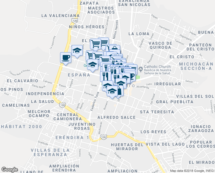 map of restaurants, bars, coffee shops, grocery stores, and more near 16 Ponce de León in Patzcuaro