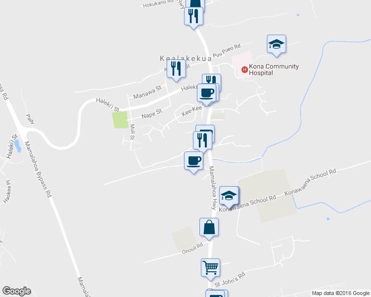 map of restaurants, bars, coffee shops, grocery stores, and more near 81-6597A Hawaii Belt Road in Kealakekua