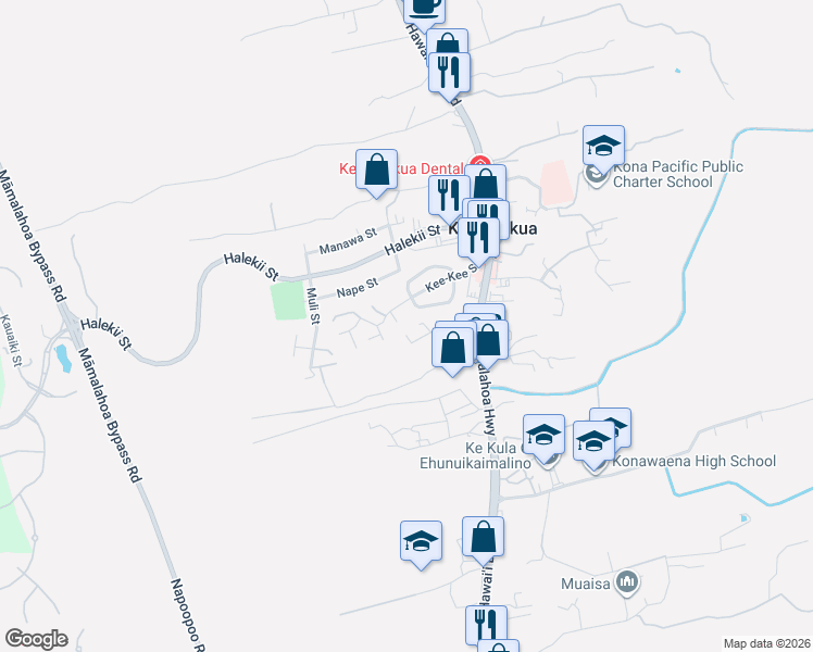 map of restaurants, bars, coffee shops, grocery stores, and more near 81-6632 Akaakalani Place in Kealakekua