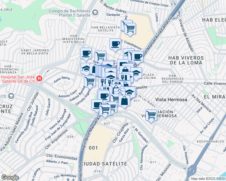 map of restaurants, bars, coffee shops, grocery stores, and more near Boulevard Manuel Ávila Camacho in Naucalpan de Juárez