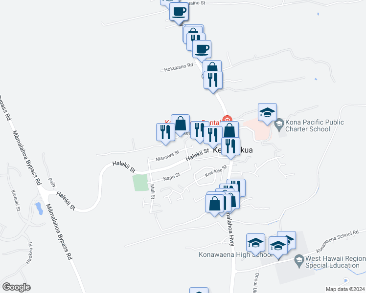 map of restaurants, bars, coffee shops, grocery stores, and more near 81-6679 Mamao Street in Kealakekua