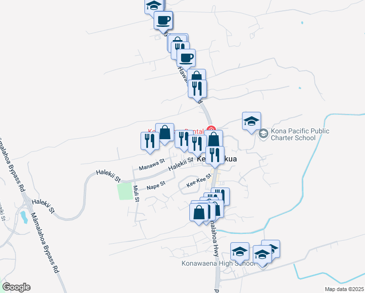 map of restaurants, bars, coffee shops, grocery stores, and more near 79-996 Kealaola Street in Kealakekua
