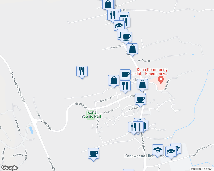 map of restaurants, bars, coffee shops, grocery stores, and more near 79-984 Kealaola Street in Kealakekua