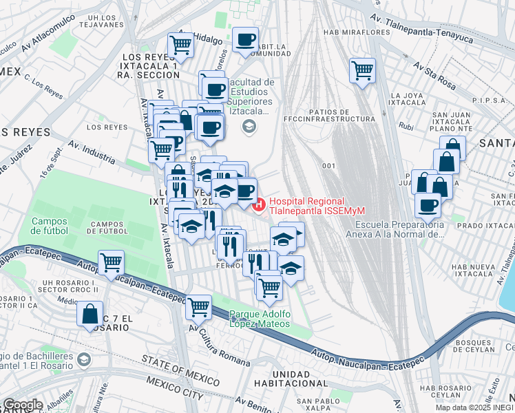 map of restaurants, bars, coffee shops, grocery stores, and more near 28 Porfirio Díaz in Tlalnepantla de Baz