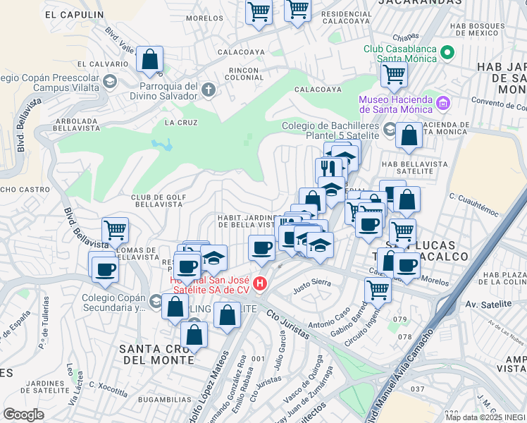 map of restaurants, bars, coffee shops, grocery stores, and more near 36 Calle Roma in Tlalnepantla