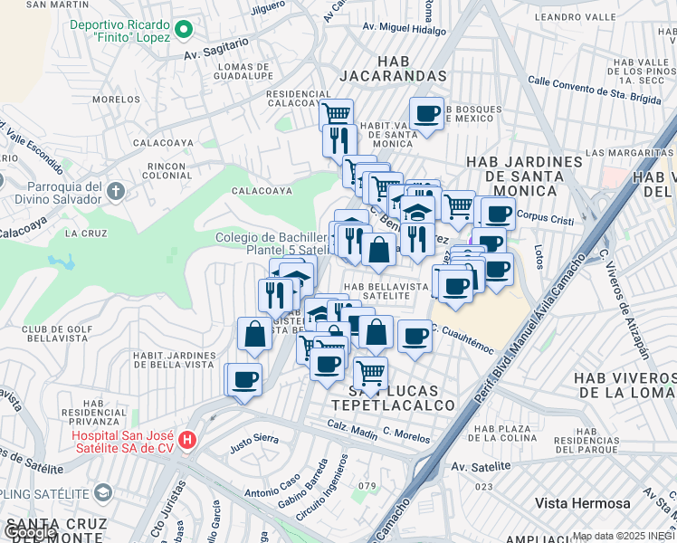 map of restaurants, bars, coffee shops, grocery stores, and more near 27 Circuito Museos Poniente in Tlalnepantla