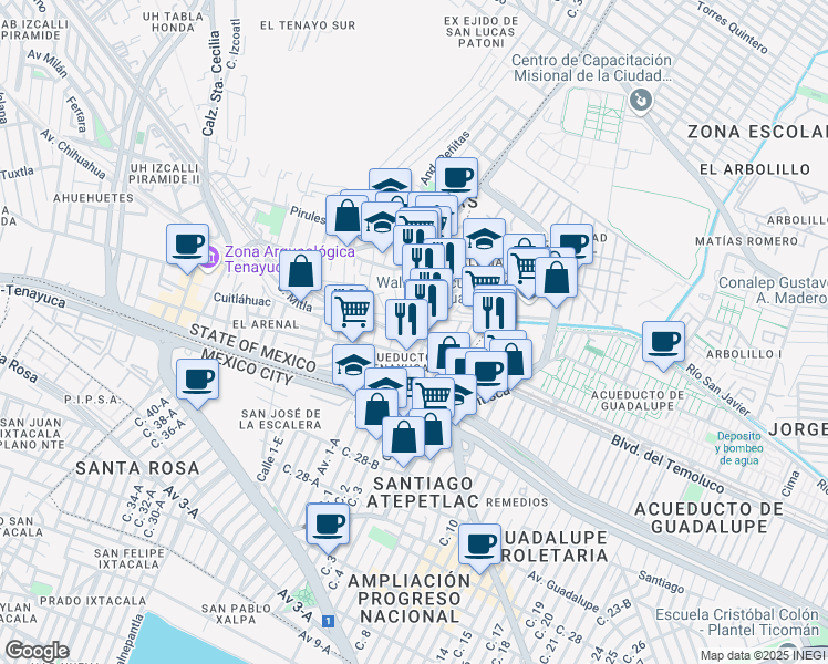 map of restaurants, bars, coffee shops, grocery stores, and more near 28 Porfirio Díaz in Tlalnepantla de Baz