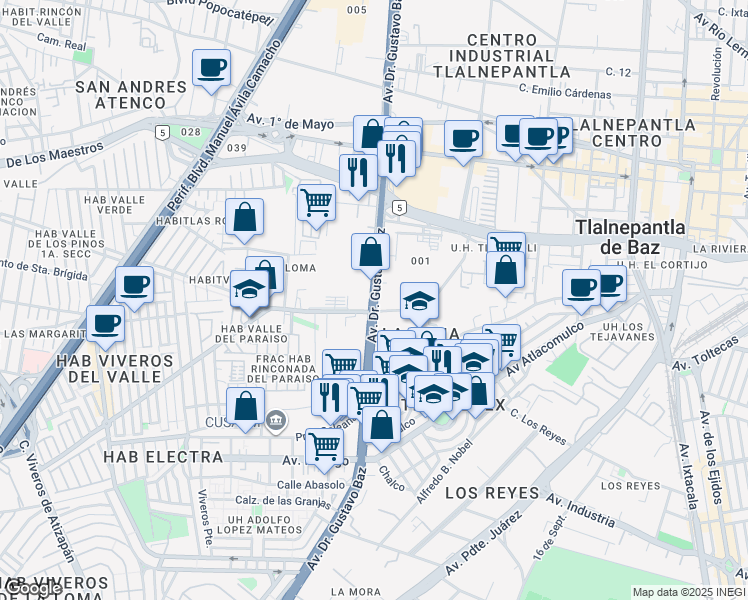 map of restaurants, bars, coffee shops, grocery stores, and more near 309 Gustavo Baz in Tlalnepantla de Baz