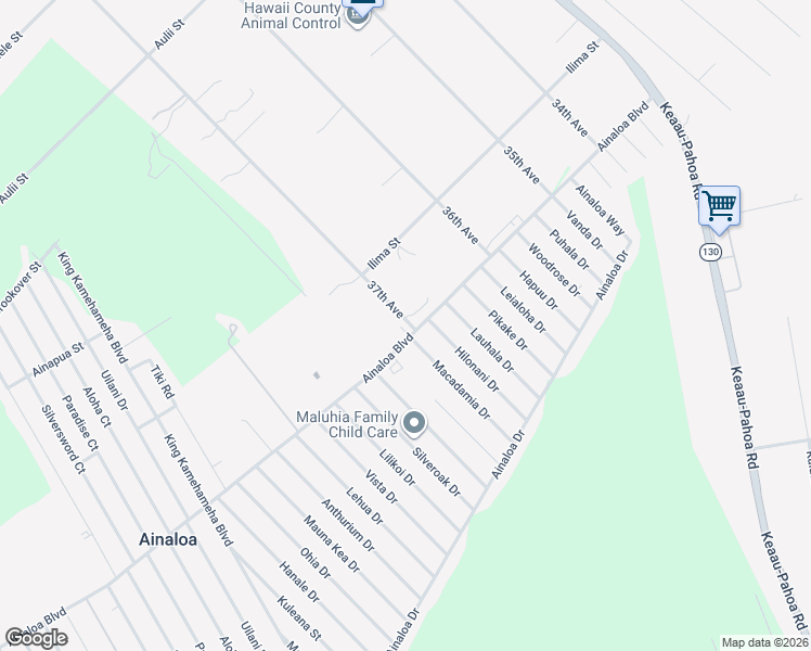 map of restaurants, bars, coffee shops, grocery stores, and more near 16 - 288 Ainaloa Boulevard in Pāhoa