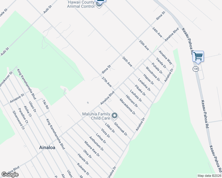 map of restaurants, bars, coffee shops, grocery stores, and more near 16-288 Ainaloa Boulevard in Pāhoa