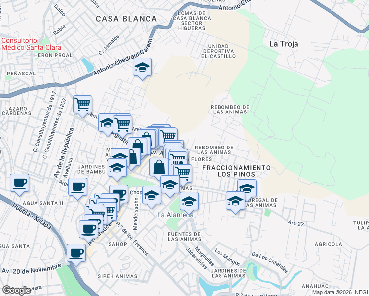 map of restaurants, bars, coffee shops, grocery stores, and more near Calle Camino Antiguo a las Animas in Xalapa-Enríquez