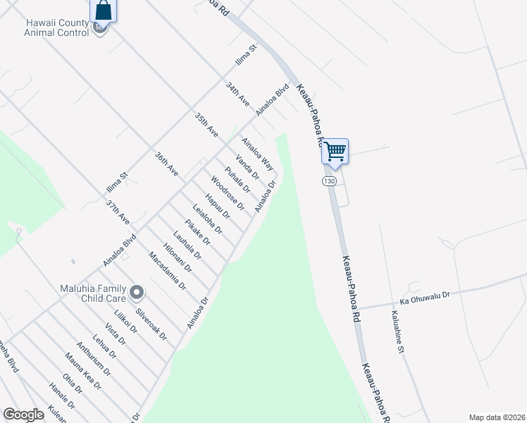 map of restaurants, bars, coffee shops, grocery stores, and more near 16-2088 Puhala Drive in Pāhoa