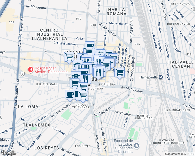map of restaurants, bars, coffee shops, grocery stores, and more near 33 Avenida Presidente Juárez in Tlalnepantla de Baz