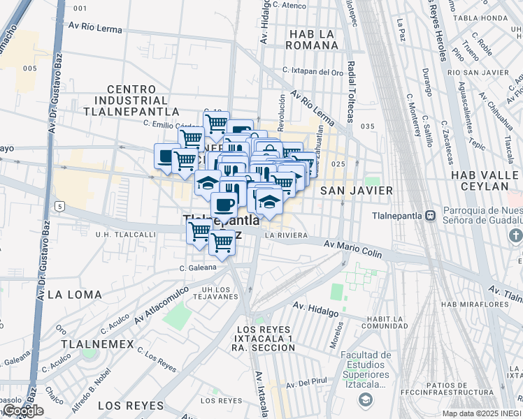 map of restaurants, bars, coffee shops, grocery stores, and more near 33 Avenida Presidente Juárez in Tlalnepantla de Baz