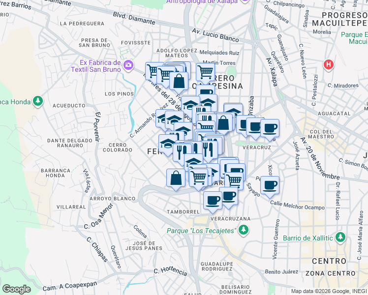 map of restaurants, bars, coffee shops, grocery stores, and more near in Xalapa-Enríquez