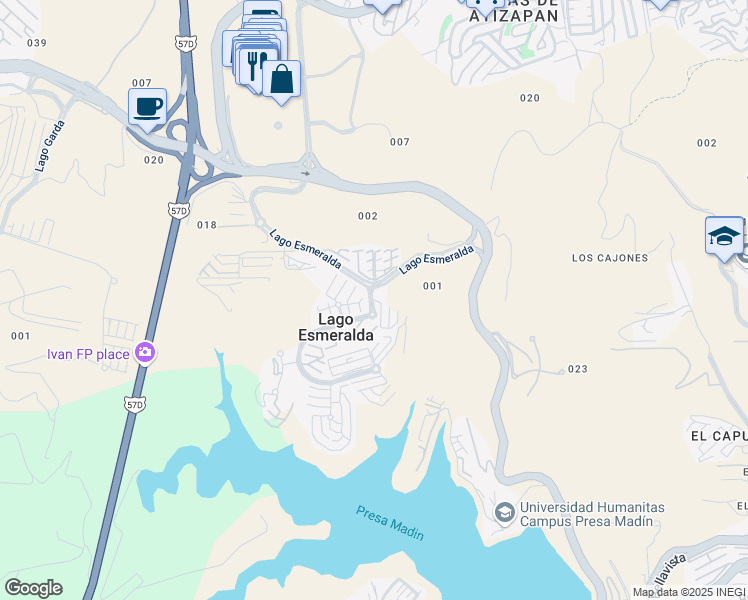 map of restaurants, bars, coffee shops, grocery stores, and more near Lago Esmeralda in Ciudad López Mateos