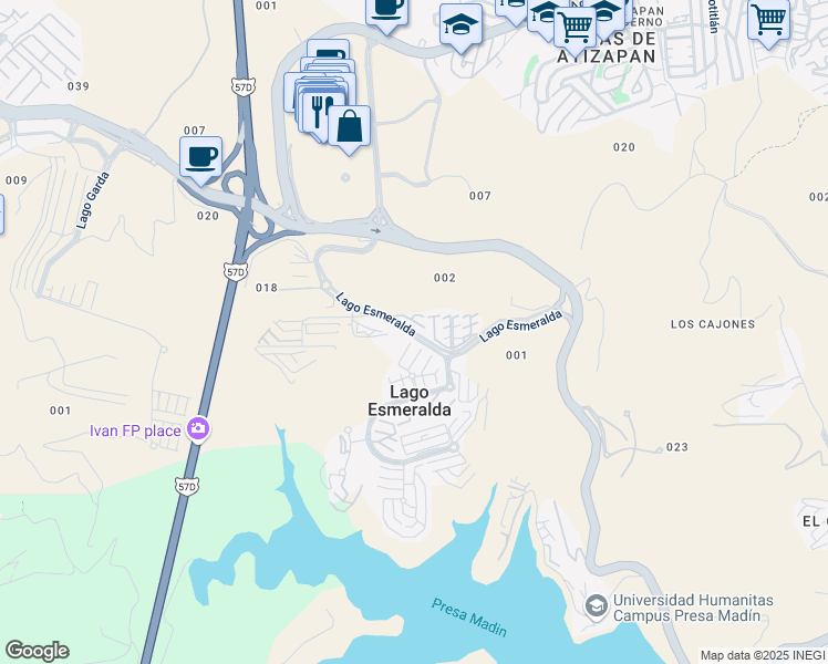 map of restaurants, bars, coffee shops, grocery stores, and more near Lago Esmeralda in Ciudad López Mateos
